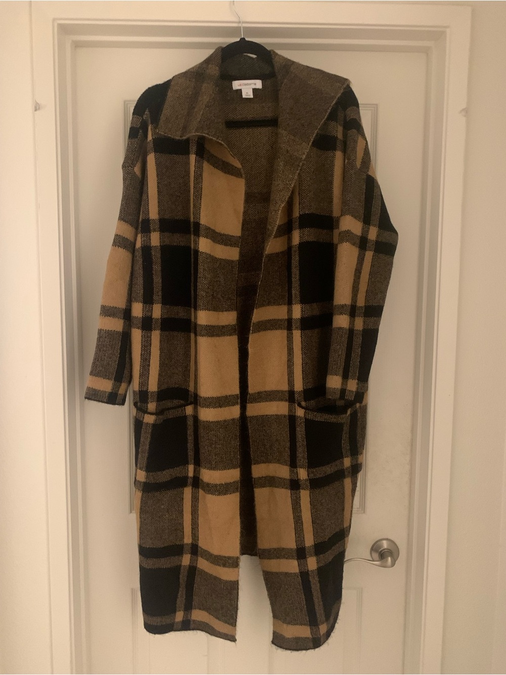Liz Claiborne Tan & Black Plaid Open-Front Trench Cardigan